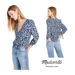 Madewell Tie Sleeve Button Down Top French Floral Blue Moon Size L V Neck Boho